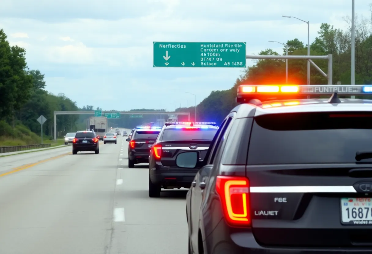 Police vehicles on the side of I-565 in Huntsville, Alabama