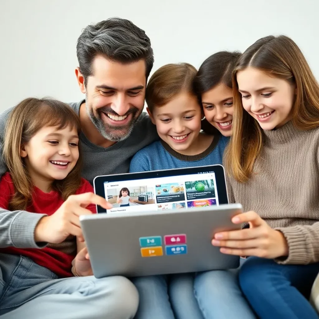 A family enjoying digital content together with a tablet.