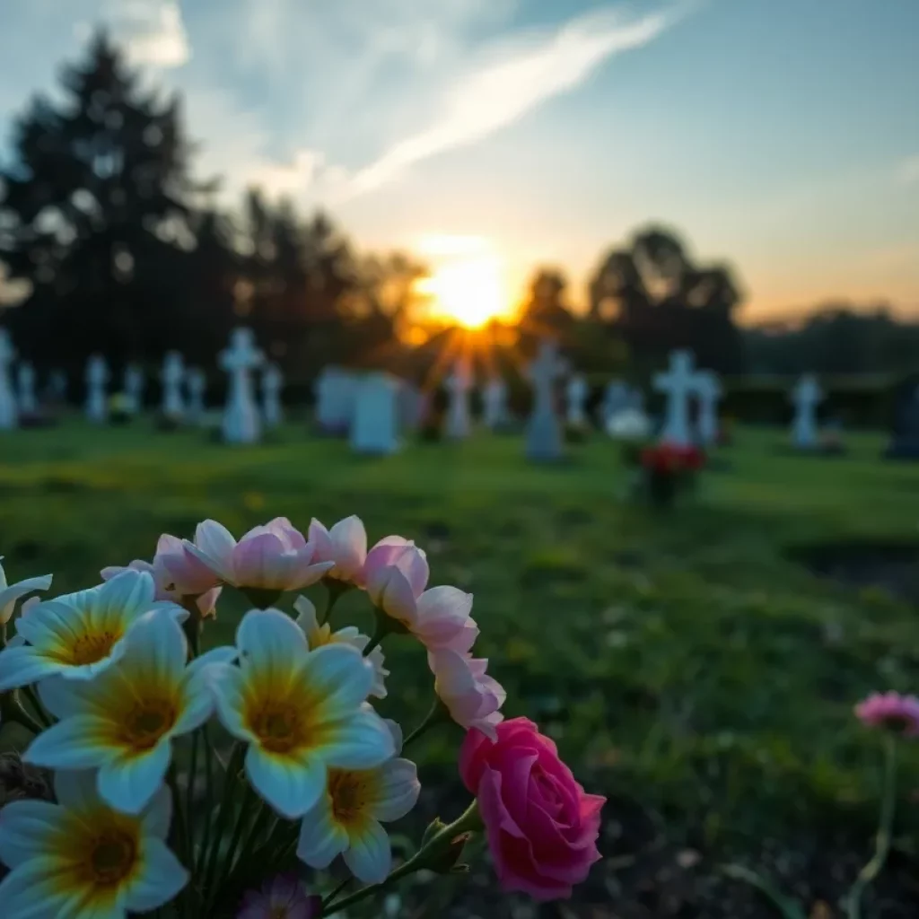 Flowers at a gravesite during sunset