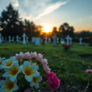 Flowers at a gravesite during sunset