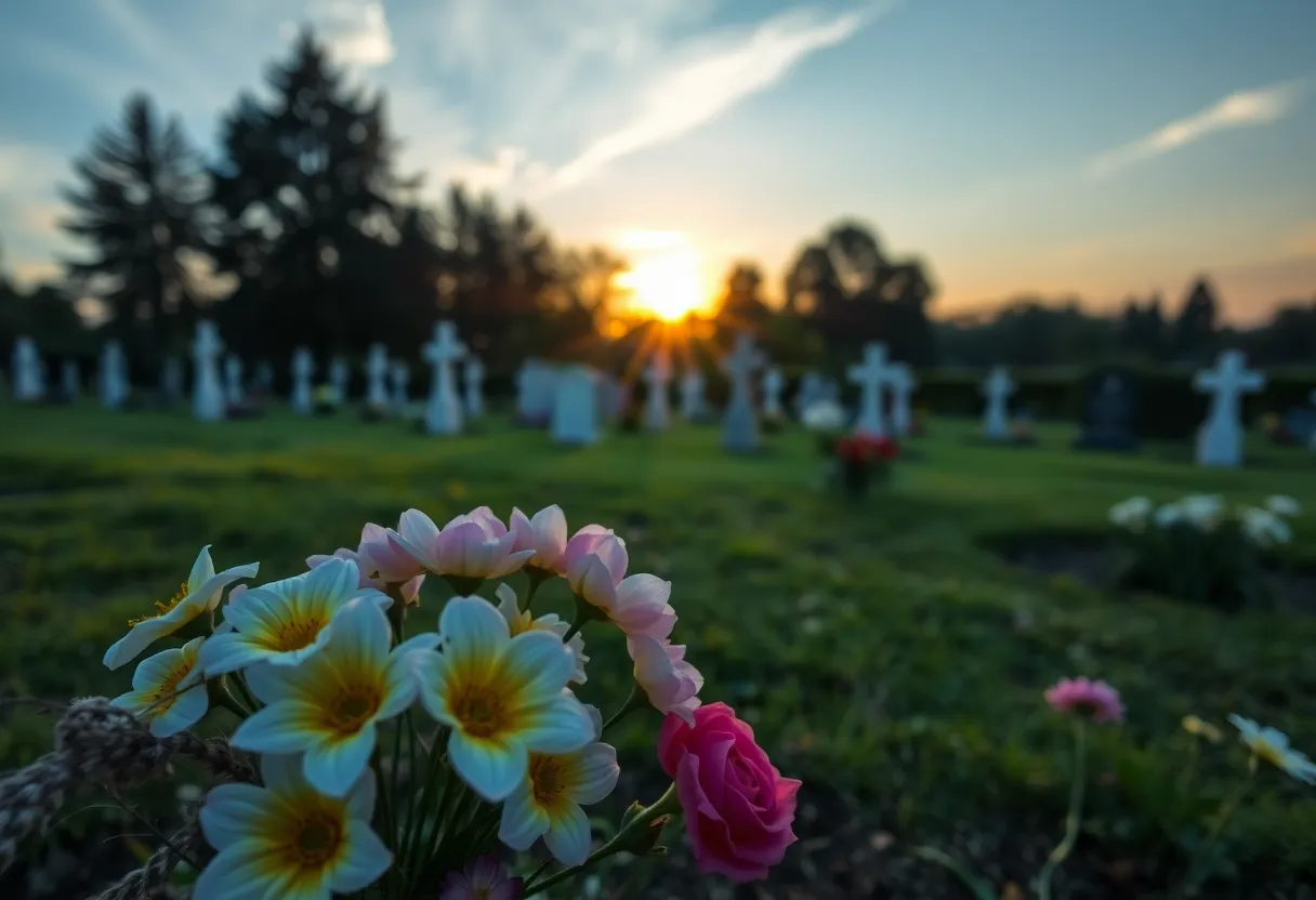 Flowers at a gravesite during sunset