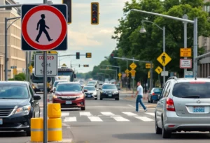 Intersection with crosswalks and traffic, highlighting the importance of pedestrian safety.