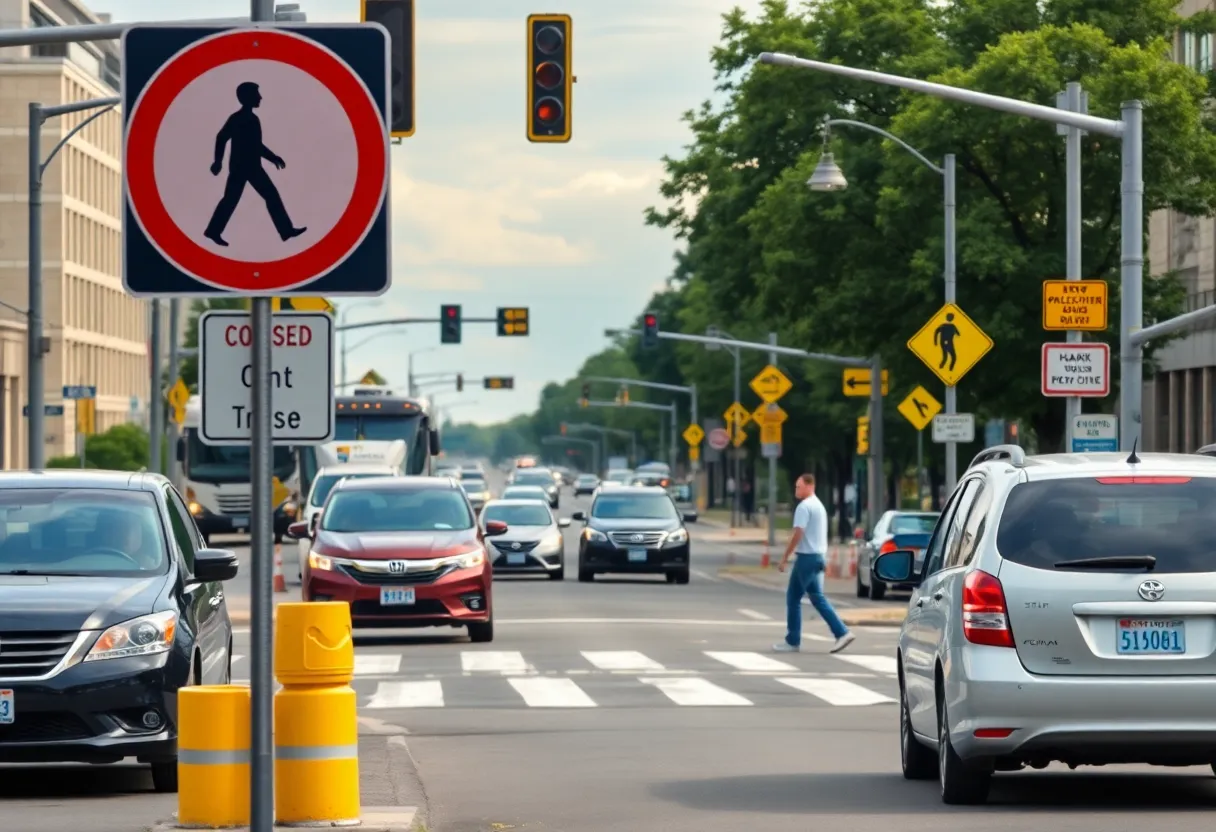 Intersection with crosswalks and traffic, highlighting the importance of pedestrian safety.