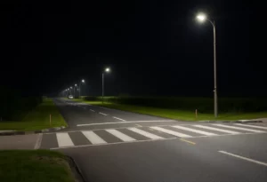 Quiet country road at night with streetlights