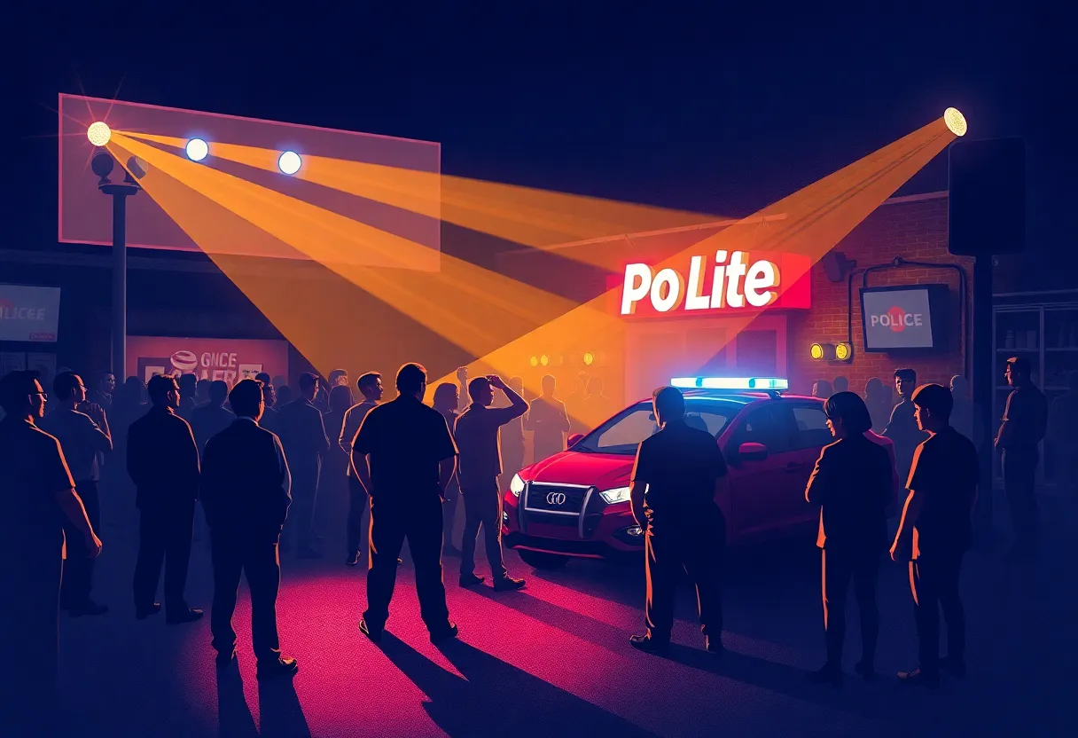 Police officers at a club scene in Huntsville following a shooting incident.