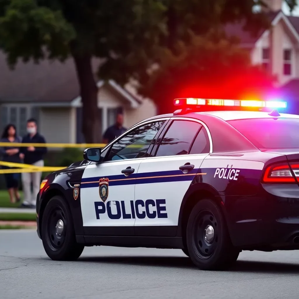 Police car with flashing lights at a shooting scene in Huntsville