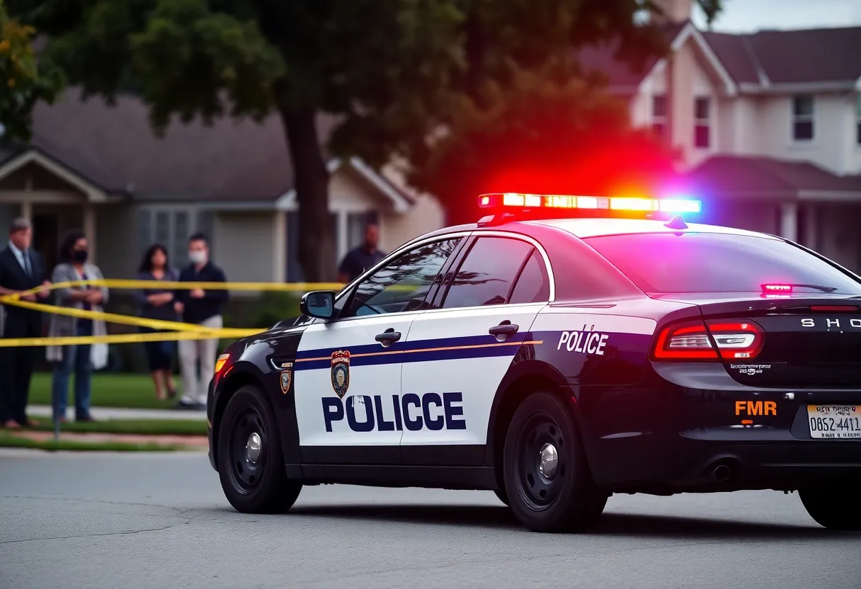 Police car with flashing lights at a shooting scene in Huntsville