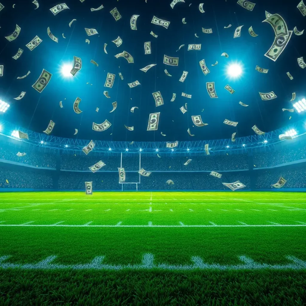 Illustration of money raining on a football field representing lottery excitement