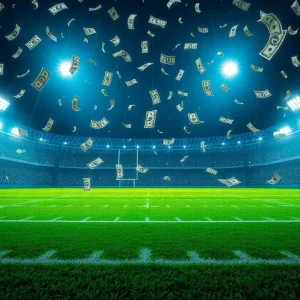 Illustration of money raining on a football field representing lottery excitement