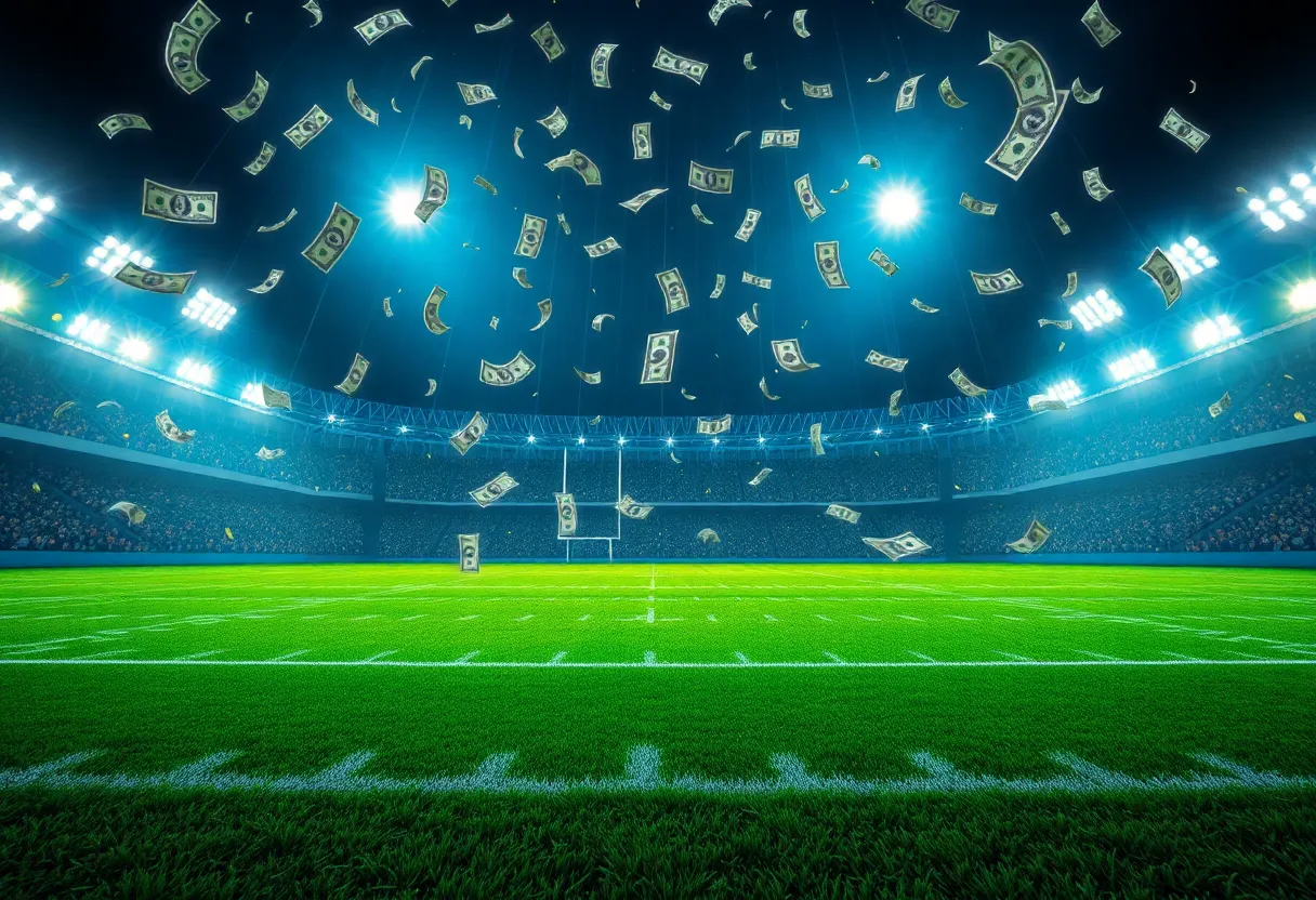 Illustration of money raining on a football field representing lottery excitement