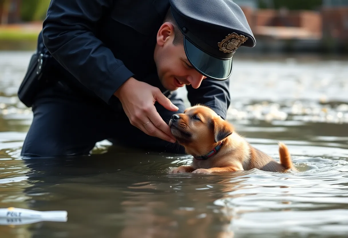 Dramatic rescue of a puppy from a pond by police officers