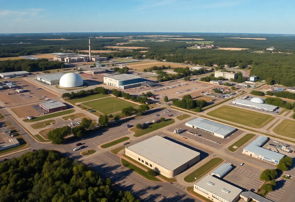 Panoramic view of Redstone Arsenal in Huntsville, focusing on military facilities.