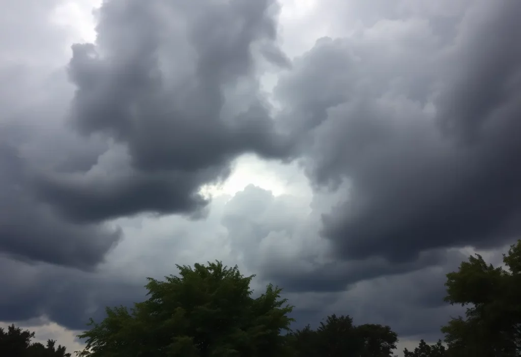 Dark clouds and strong winds signaling severe storms over Northern Alabama