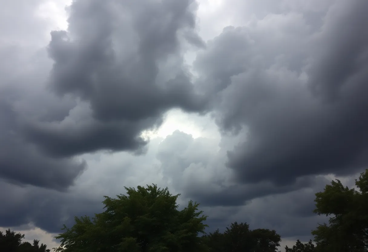 Dark clouds and strong winds signaling severe storms over Northern Alabama