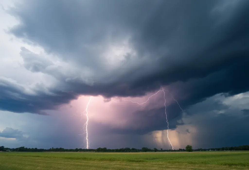 Dramatic storm clouds and lightning over the Alabama countryside during a tornado warning.