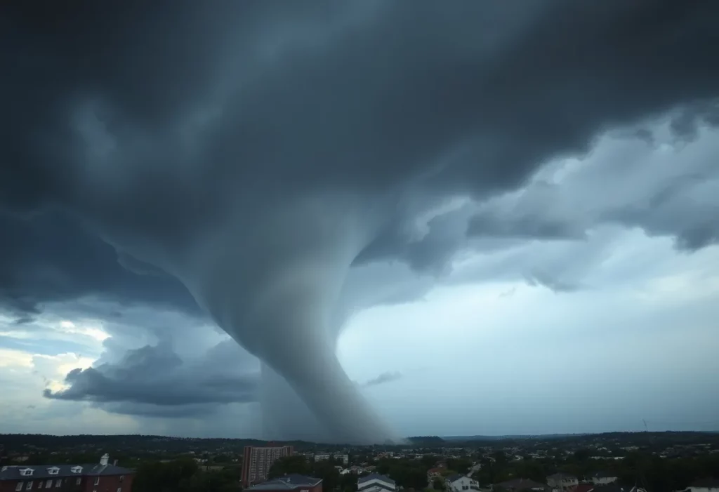 Dark clouds and funnel clouds over Huntsville during a tornado warning