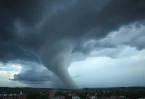 Dark clouds and funnel clouds over Huntsville during a tornado warning