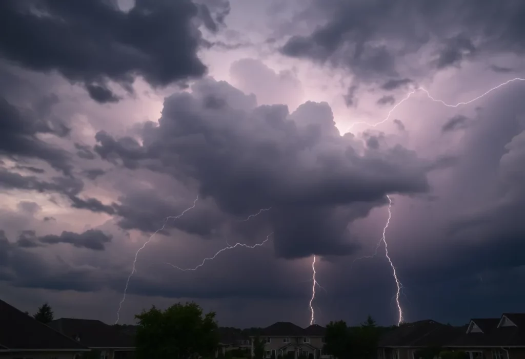 Thunderstorm with lightning over suburban houses