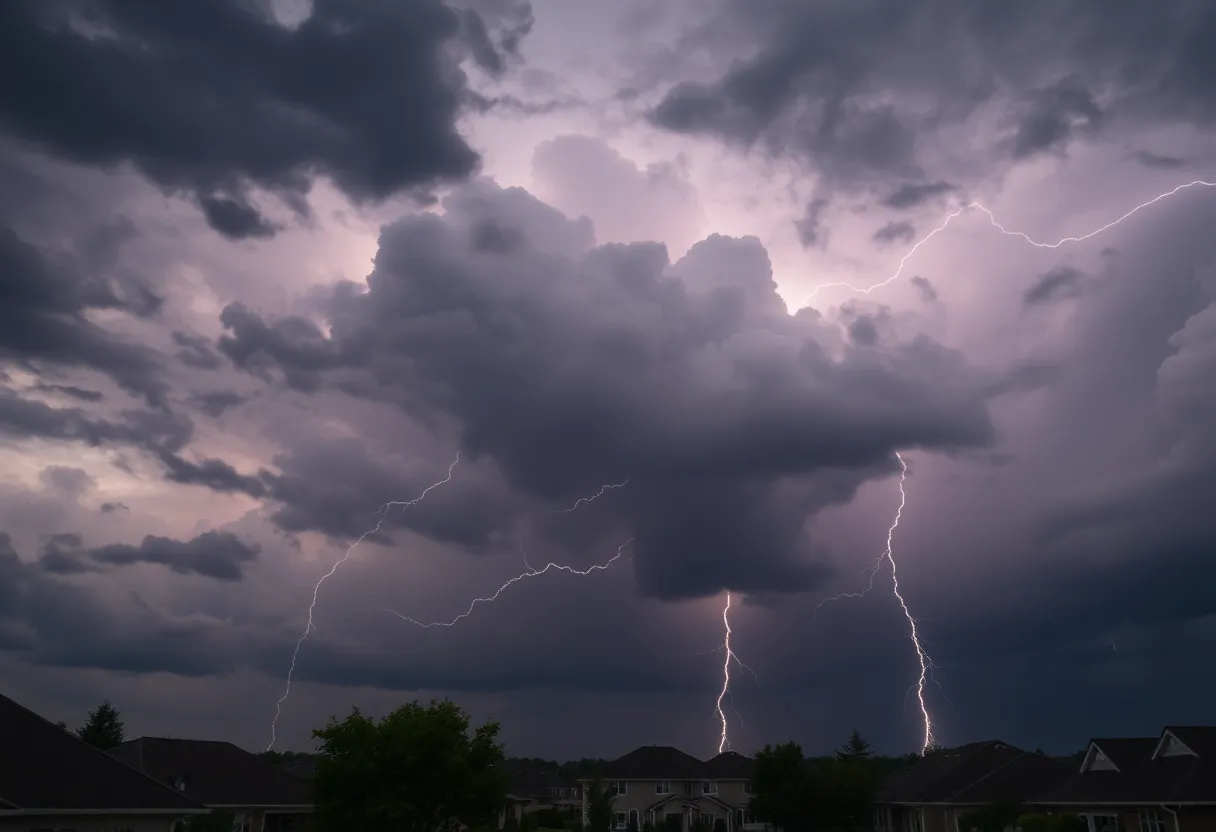 Thunderstorm with lightning over suburban houses