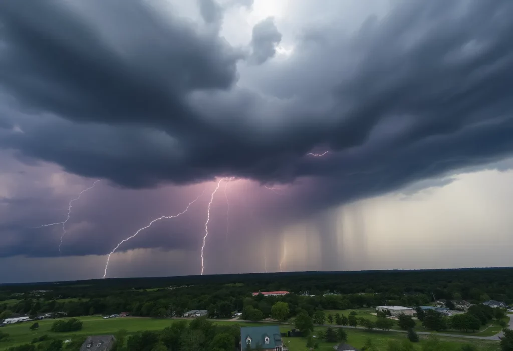 Severe thunderstorm with dark clouds and lightning in north Alabama