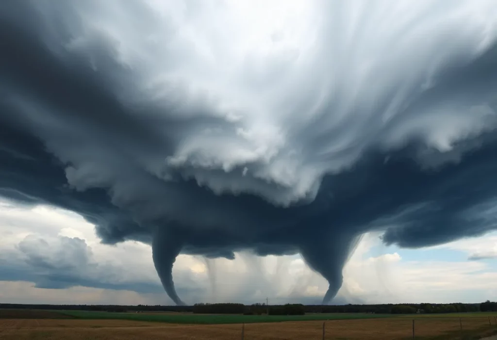 Dramatic storm clouds and tornadoes threatening New Orleans in a severe weather event.