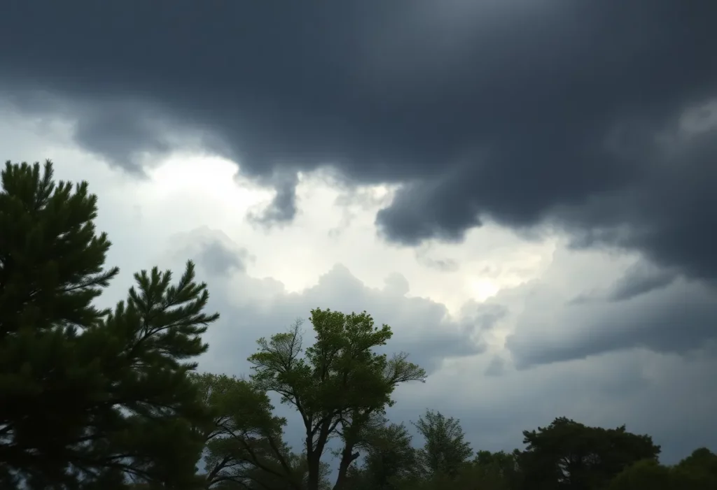 Dark clouds gathering over Huntsville, Alabama, indicating severe weather.