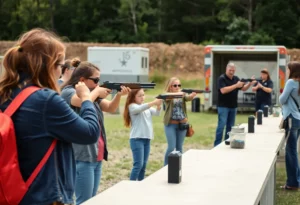Women and families participating in a shooting sports event at Bass Pro Shops