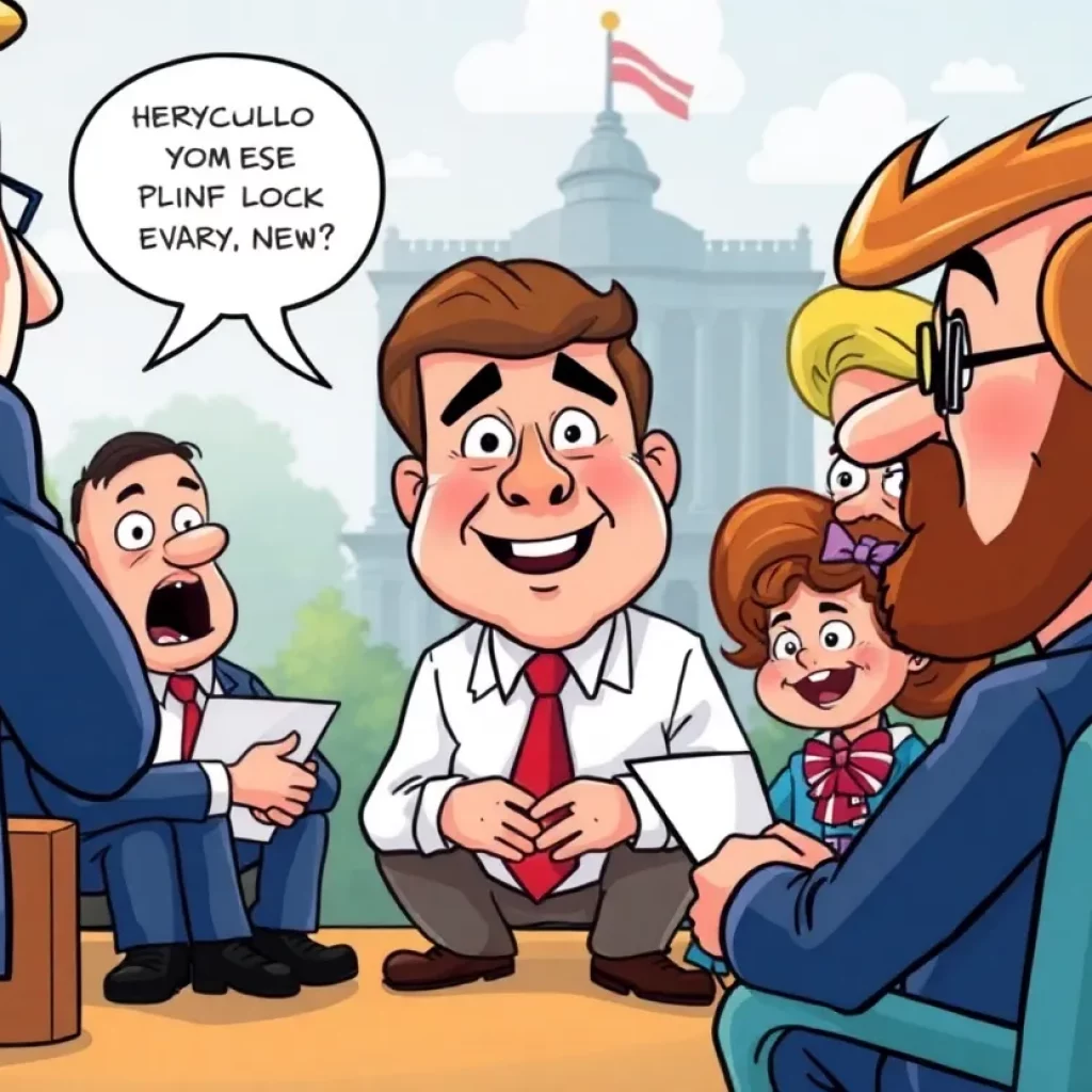 Animated characters humorously discussing political topics