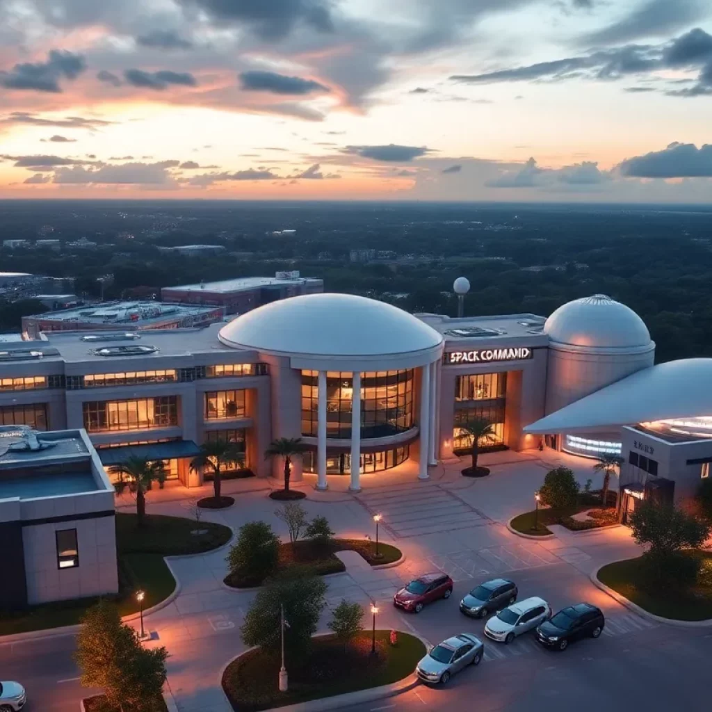 Visual representation of the U.S. Space Command headquarters in Huntsville, Alabama with an emphasis on aerospace technology.