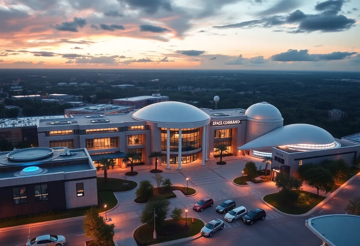 Visual representation of the U.S. Space Command headquarters in Huntsville, Alabama with an emphasis on aerospace technology.