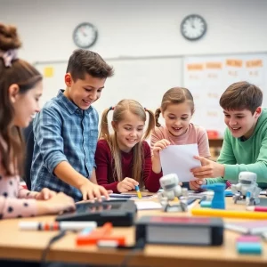 Students participating in STEM activities in a classroom