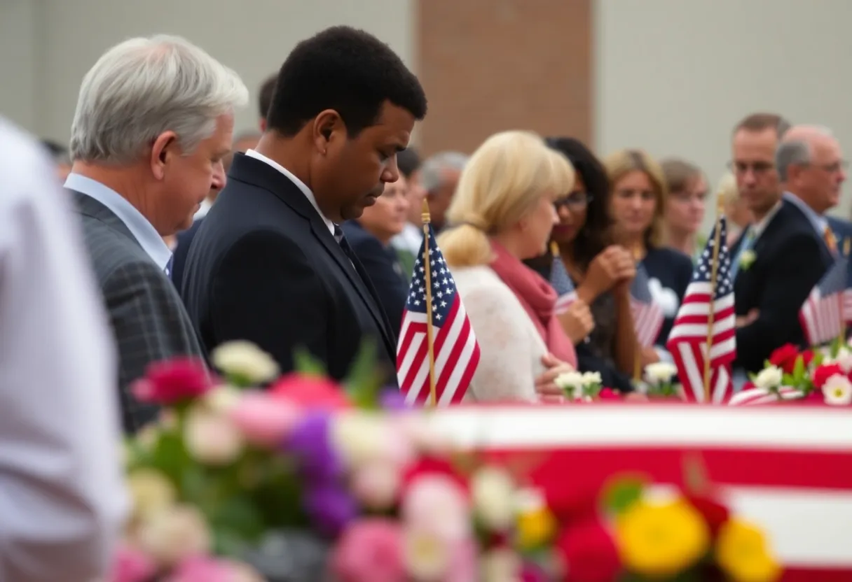 Funeral service honoring Texas Trooper Jerry Adamick Jr. with attendees and floral arrangements.