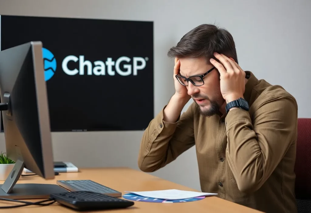 Person troubleshooting computer issues related to ChatGPT outages