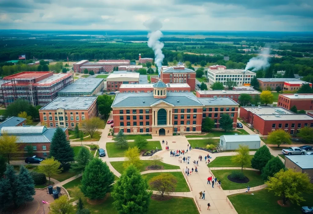 University campus and manufacturing plant representing economic growth in Tuscaloosa County