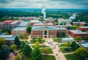 University campus and manufacturing plant representing economic growth in Tuscaloosa County