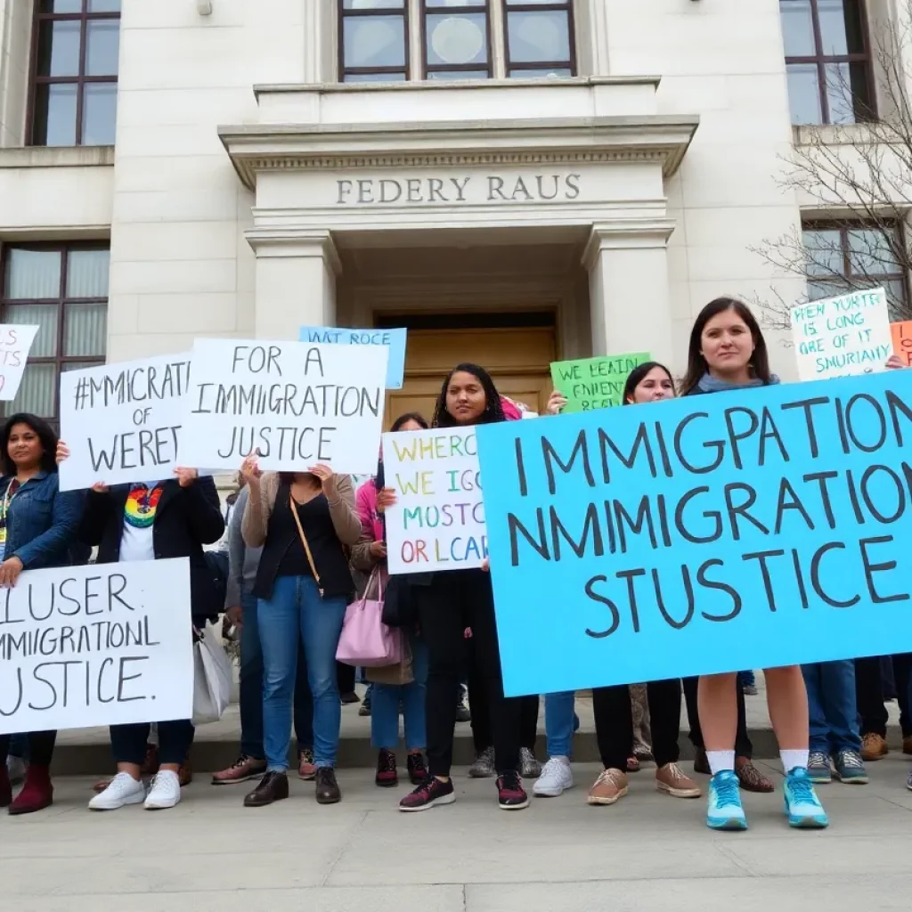 Group of protesters advocating for immigration rights outside a federal building