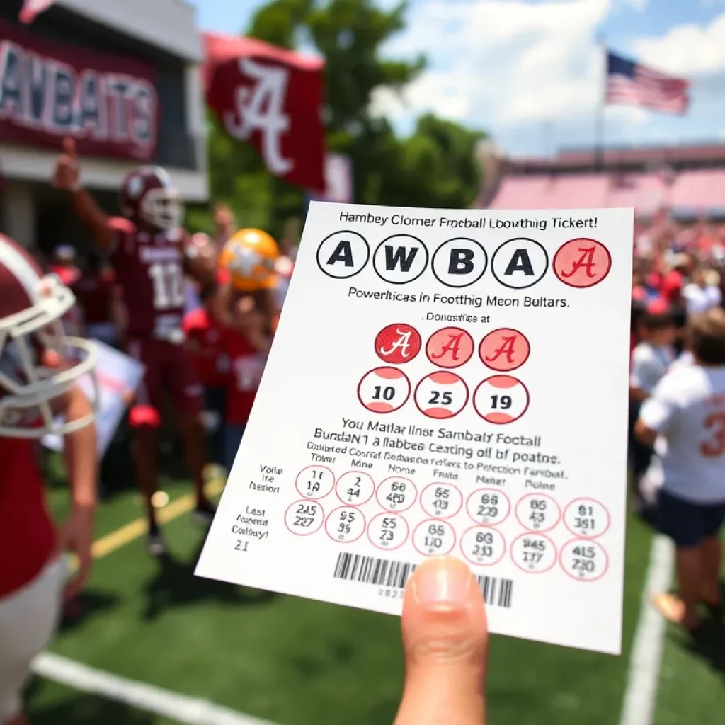 Tuscaloosa community gathered around Powerball lottery ticket with Alabama football items.
