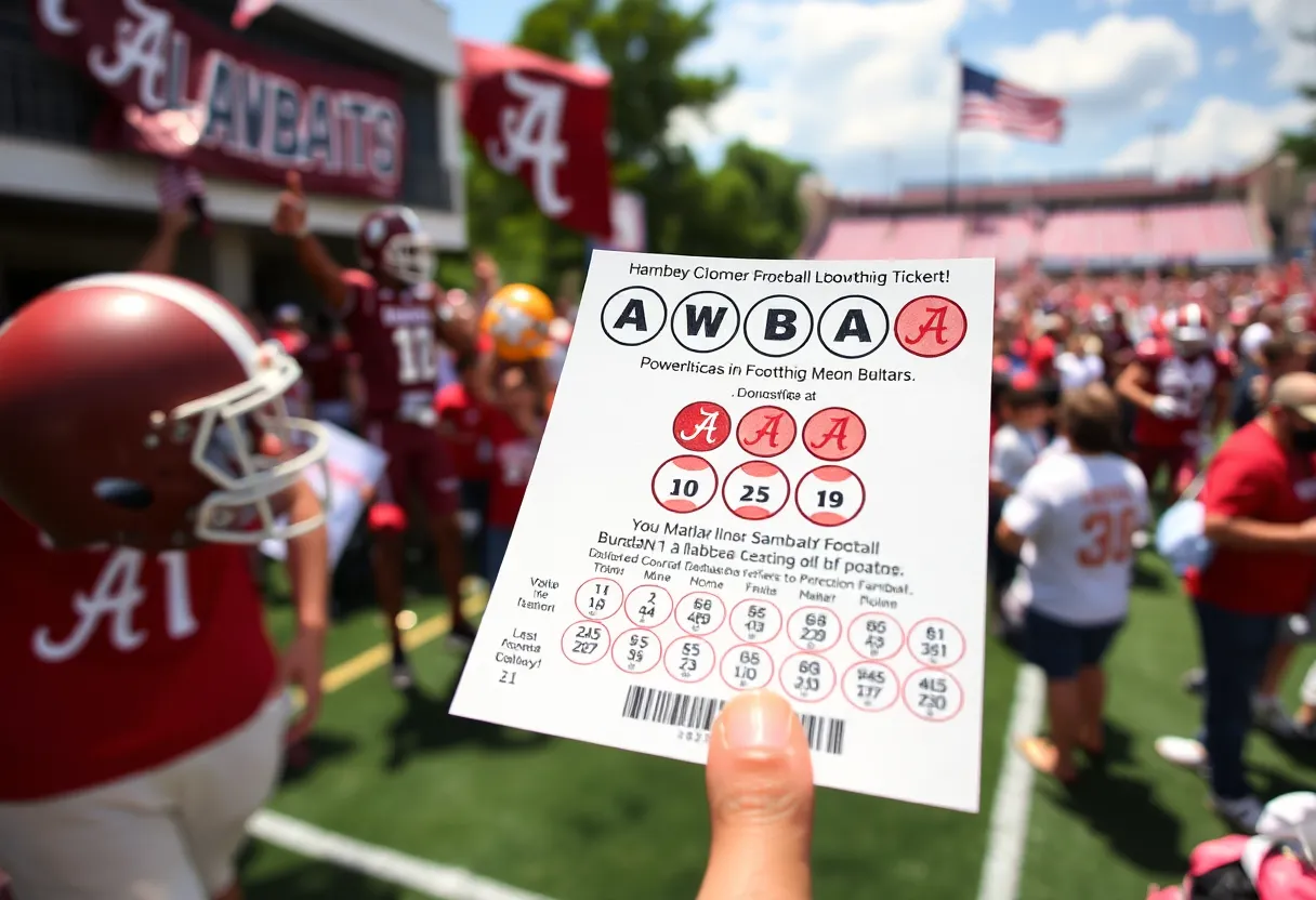 Tuscaloosa community gathered around Powerball lottery ticket with Alabama football items.