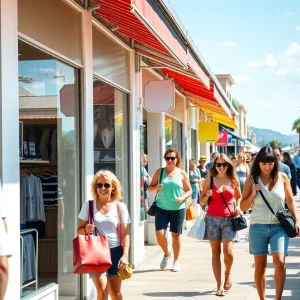 Busy retail street with shoppers enjoying summer sales