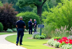 Police officers investigating at the University of Alabama Arboretum after a shooting incident.