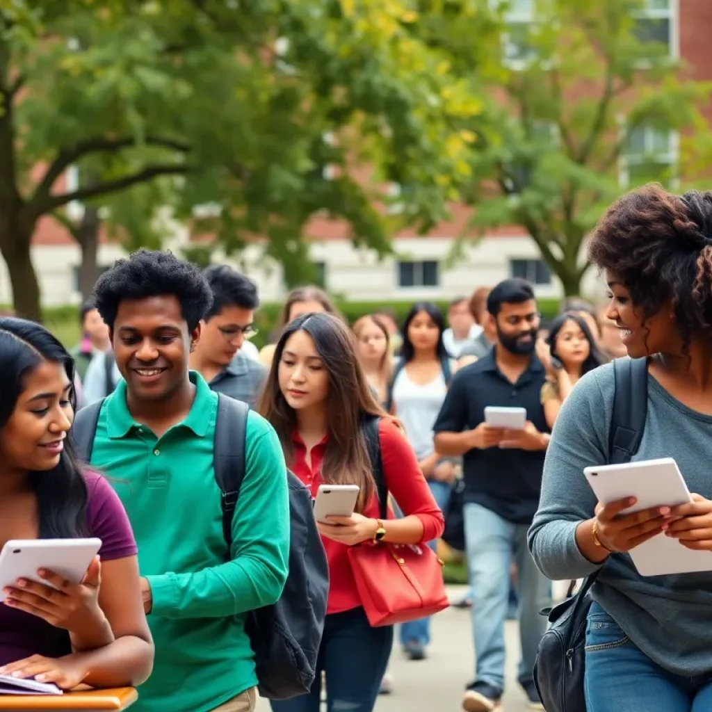 Scenic view of the University of Alabama campus with students.