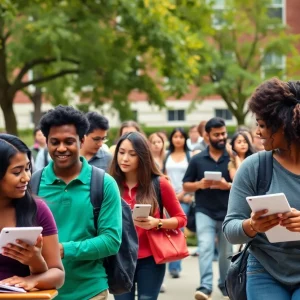 Students on University of Alabama campus during fall semester
