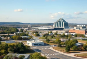 Aerospace facilities and futuristic buildings representing the new US Space Command headquarters in Huntsville, Alabama