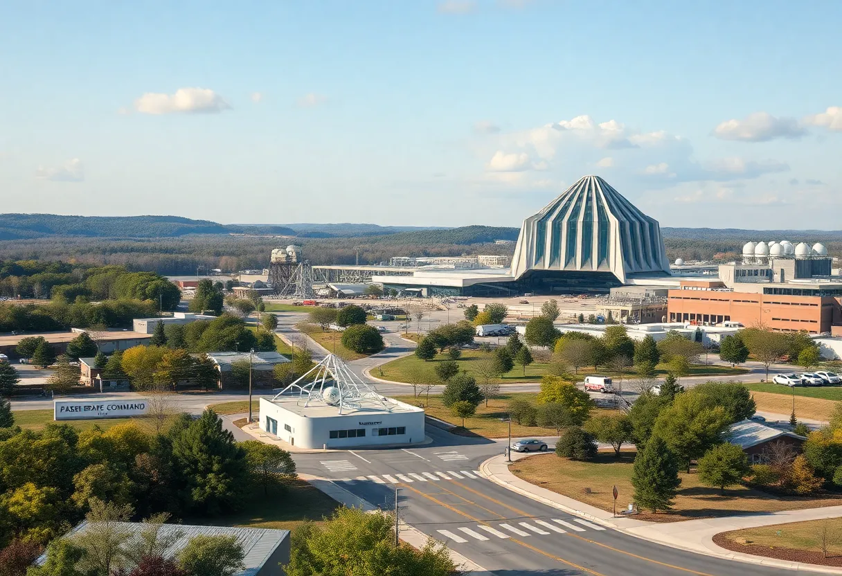 Aerospace facilities and futuristic buildings representing the new US Space Command headquarters in Huntsville, Alabama