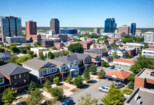 A view of downtown Huntsville showcasing modern homes and attractions.
