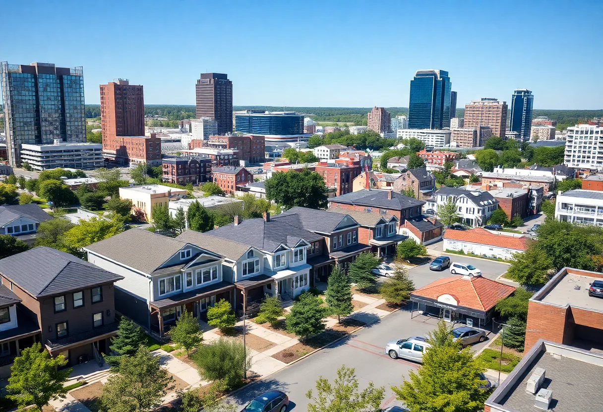 A view of downtown Huntsville showcasing modern homes and attractions.