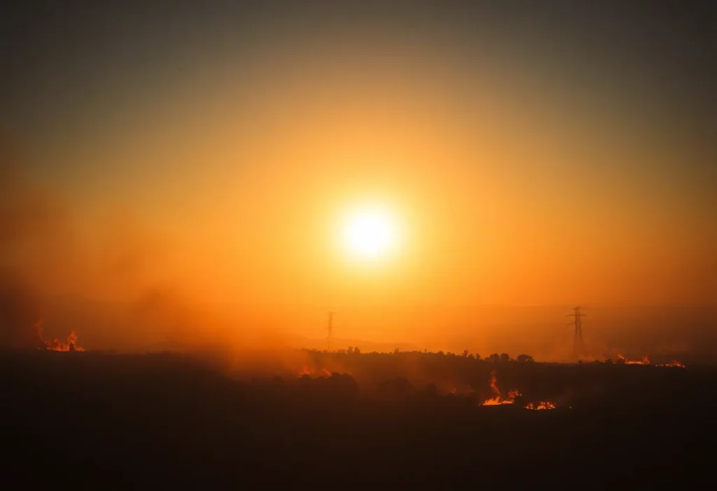 Depiction of wildfires under extreme heat conditions in America.