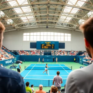 Players competing at Wimbledon with electronic scoreboard visible
