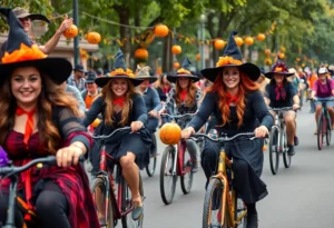 Participants cycling in costume during the Witches Ride in Madison, Alabama.