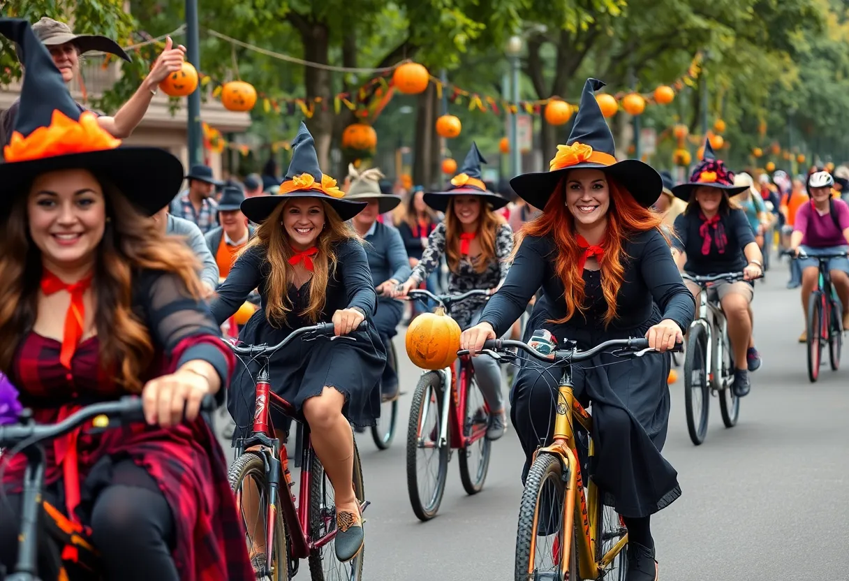 Participants cycling in costume during the Witches Ride in Madison, Alabama.